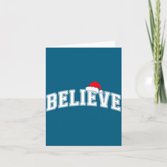 Believe Christmas Varsity Text With Santa Hat Fami Card (Front)