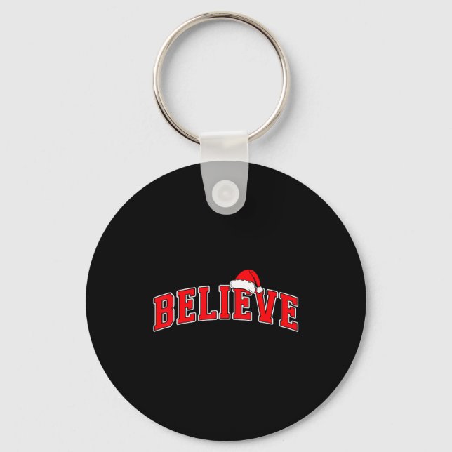 Believe Christmas Varsity Text With Santa Hat Fami Key Ring (Front)