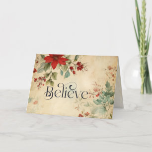 'Believe' Christmas Vintage Poinsettia Bible Verse Holiday Card