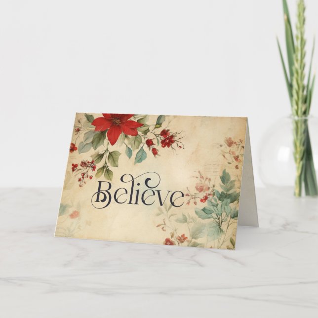 'Believe' Christmas Vintage Poinsettia Bible Verse Holiday Card (Front)