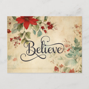 'Believe' Christmas Vintage Poinsettia Bible Verse Holiday Postcard