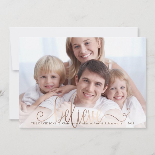BELIEVE Copper Blush Handwritten Script One Photo Holiday Card (Front)