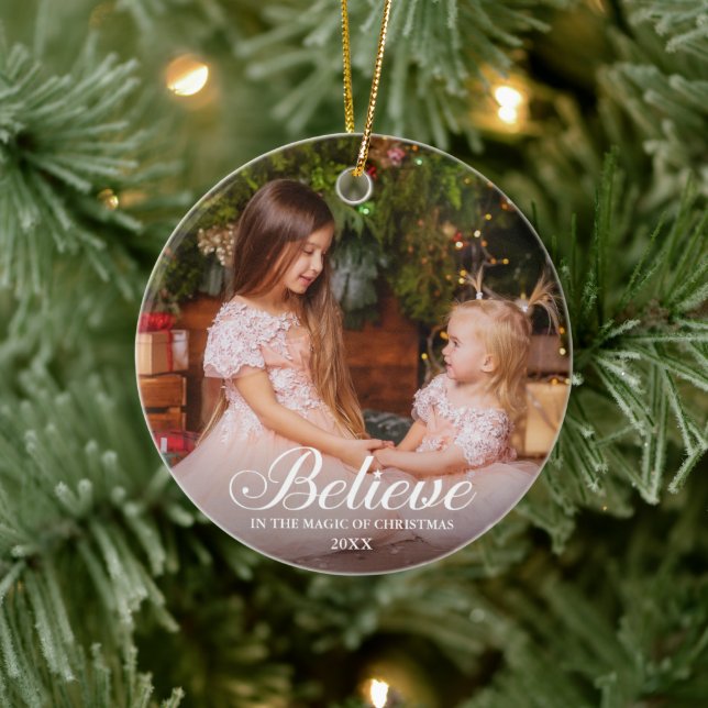 Believe Elegant Calligraphy Family Photo Ceramic Ornament (Tree)