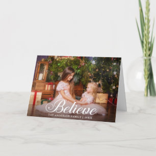Believe Elegant Calligraphy Family Photo Folded Holiday Card