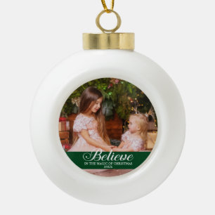 Believe Elegant Calligraphy Family Photo Green Ceramic Ball Christmas Ornament