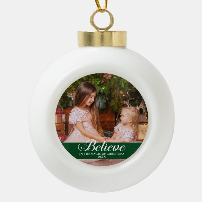 Believe Elegant Calligraphy Family Photo Green Ceramic Ball Christmas Ornament (Front)