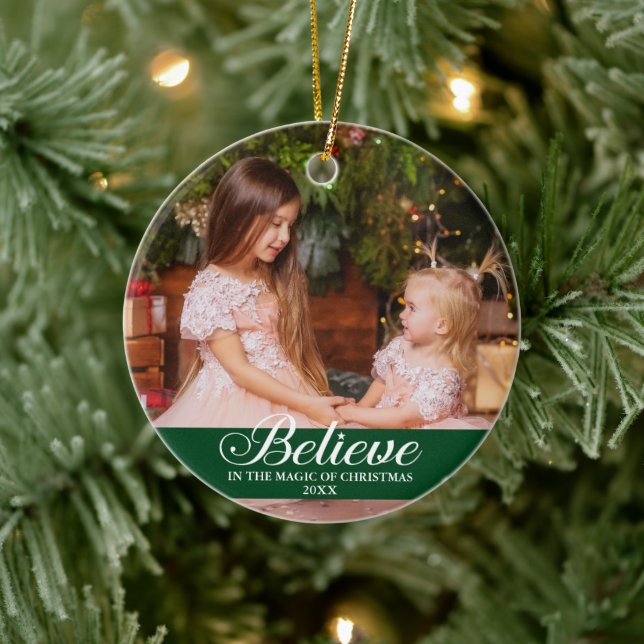 Believe Elegant Calligraphy Family Photo Green Ceramic Ornament (Tree)