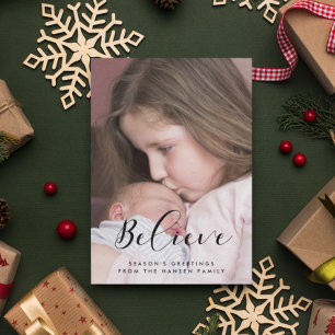Believe Elegant Calligraphy Family Photo Holiday Card