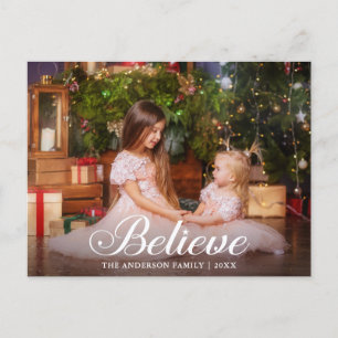 Believe Elegant Calligraphy Family Photo Holiday Postcard