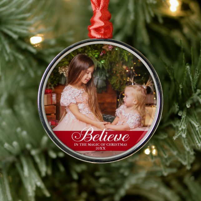 Believe Elegant Calligraphy Family Photo Red Metal Ornament (Tree)