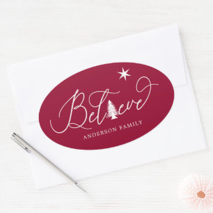 believe elegant script decorative holiday envelope oval sticker