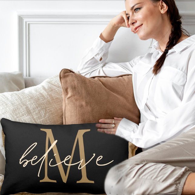 Believe Elegant Script Gold Monogram Initial Black Lumbar Cushion (Creator Uploaded)