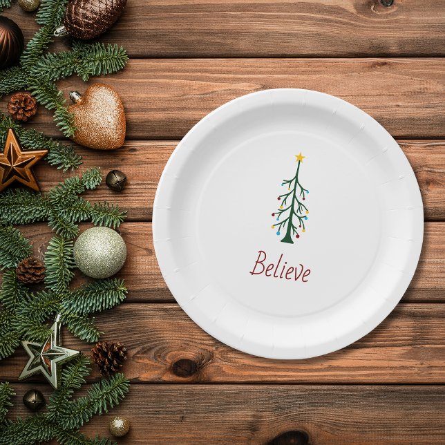 Believe Evergreen Tree Modern Christmas Party  Paper Plate (Creator Uploaded)