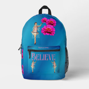 Believe Fairy And Pink Flowers Inspirational Printed Backpack