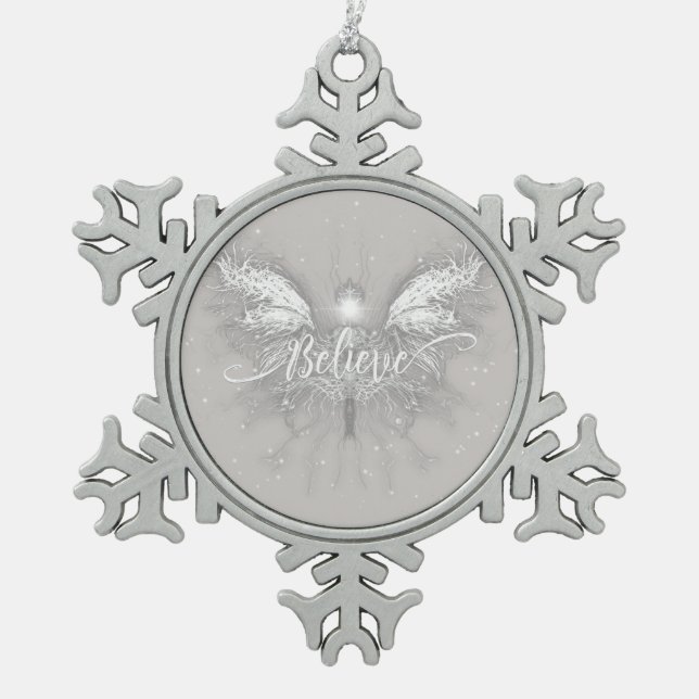 Believe Fairy Starlight Fantasy Snowflake Pewter Christmas Ornament (Front)
