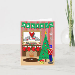 Believe Family Photo Custom Christmas 4 Stockings Holiday Card