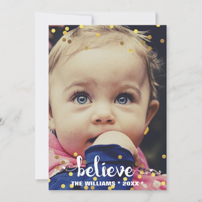 BELIEVE Faux Gold Foil Confetti Holiday Photo Card (Front)