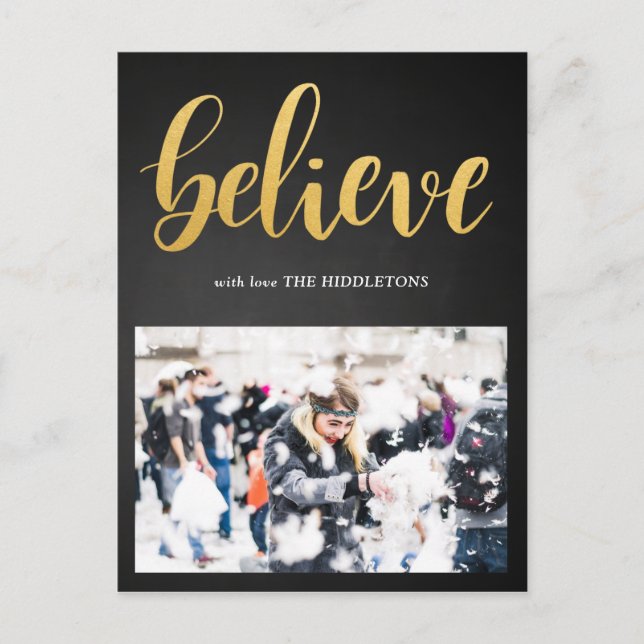 Believe Faux Gold Script Chalkboard Photo Postcard (Front)