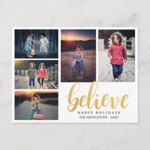 Believe Faux Gold Typography Holiday Five Photos Postcard