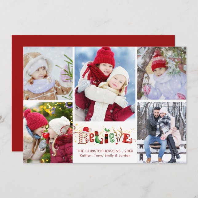 BELIEVE Festive Christmas Typography 5 Photo Holiday Card (Front/Back)