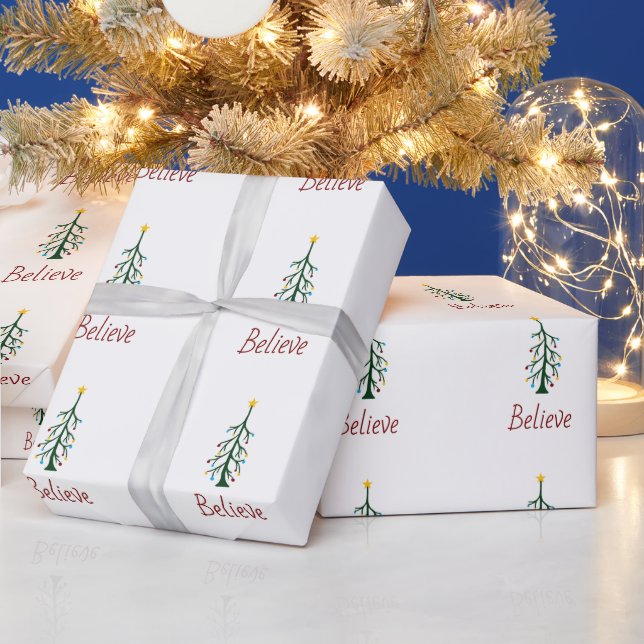 Believe Festive Evergreen Tree Christmas Present  Wrapping Paper (Holidays)