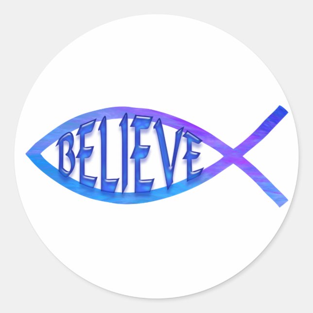 Believe Fish- Blue Classic Round Sticker (Front)