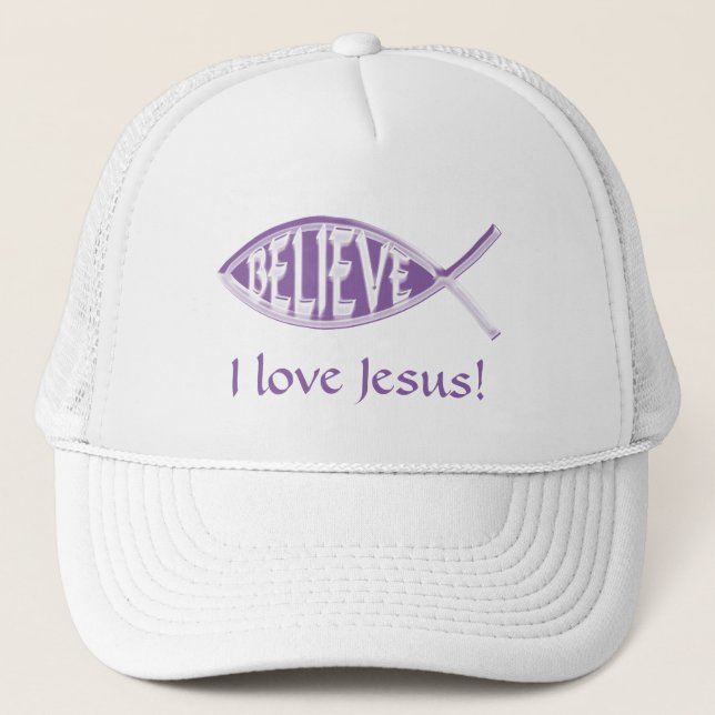 Believe Fish Lavender Trucker Hat (Front)