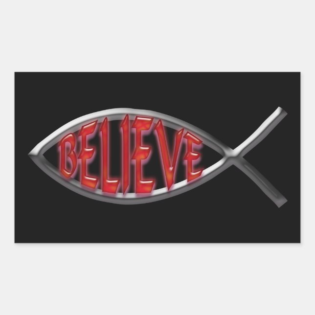Believe Fish - Red Rectangular Sticker (Front)