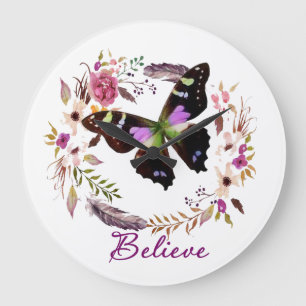 Believe floral wreath large clock