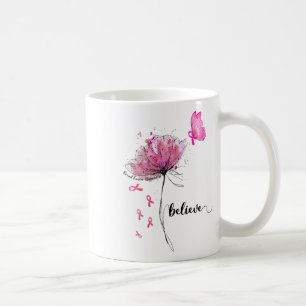 Believe Flower Butterfly Pink Ribbon Breast Cancer Coffee Mug