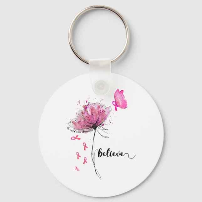Believe Flower Butterfly Pink Ribbon Breast Cancer Key Ring (Front)