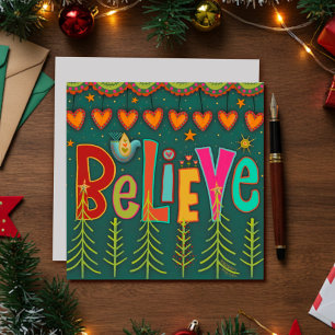 Believe Folk Hearts Christmas Holiday Card