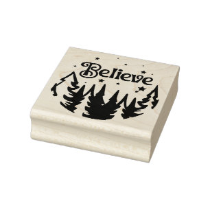 Believe Forest Stars Christmas Square Wood Rubber Stamp