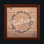 Believe Gift Box<br><div class="desc">Believe text design for Christmas with wreath and snow decoration on rustic wooden background</div>