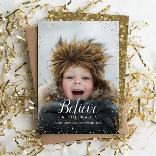 Believe   Glitz Faux Glitter Photo Overlay Holiday Card