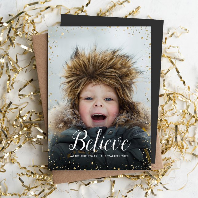 Believe | Glitz Faux Glitter Photo Overlay Holiday Card (Creator Uploaded)