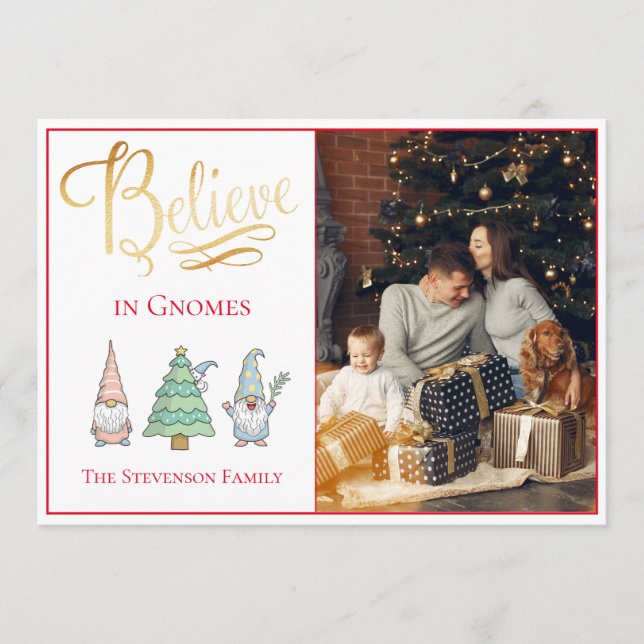 Believe Gnomes Gold Script Photo Glitter Holiday Card (Front)