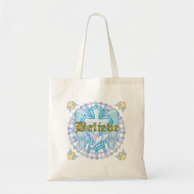 Believe Gold Christian Cross  Tote Bag (Front)