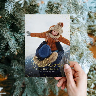 Believe   Gold Glitz Photo Overlay Foil Holiday Card