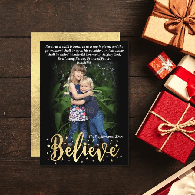 Believe Gold Religious Bible Verse Photo Holiday Card (believe christian religious bible verse photo christmas card)