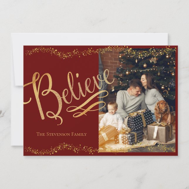 Believe Gold Script Photo Glitter Holiday Card (Front)