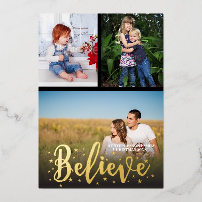 Believe Gold Stars Christmas 3 Photos Foil Holiday Card (Front)