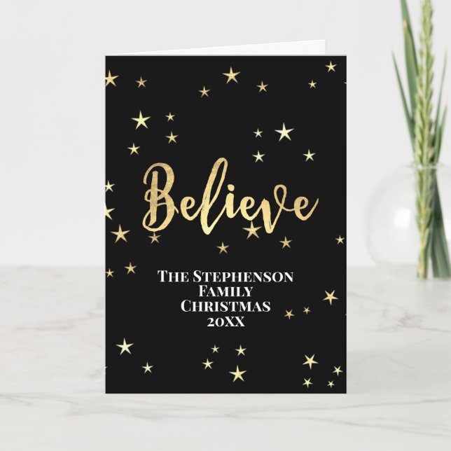 Believe Gold Stars Christmas Holiday Card (Front)
