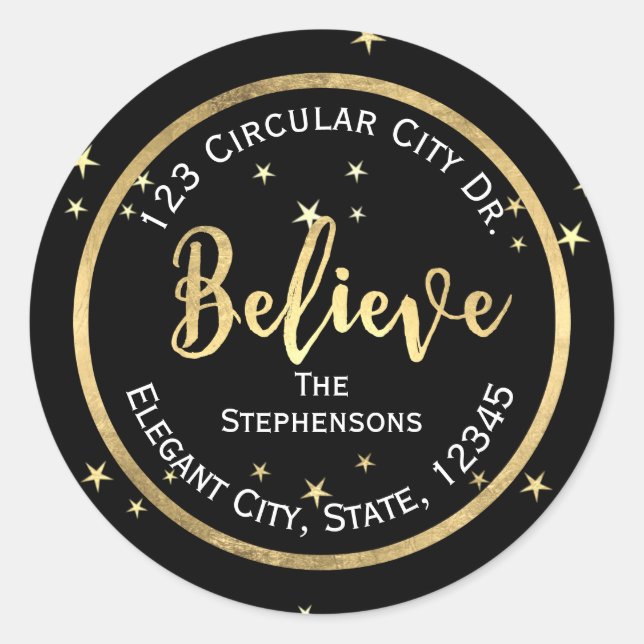 Believe Gold Stars Christmas Return Address Label (Front)
