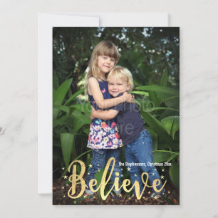 Believe Gold Writing Christmas Photo Greeting Card