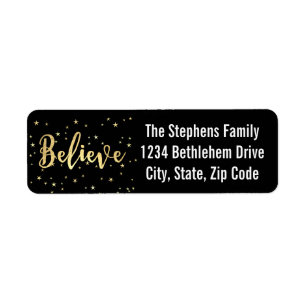 Believe Gold Writing Christmas Return Address Label