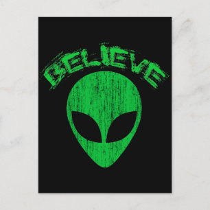 BELIEVE - GREEN ALIEN HEAD DESIGN POSTCARD