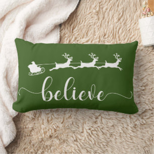 Believe   Green Christmas Holiday Lumbar Cushion