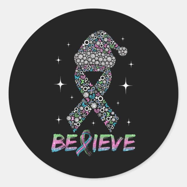 Believe Green Teal Nk Ribbon Xmas Metastatic Breas Classic Round Sticker (Front)