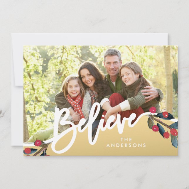 Believe Hand Lettered Berries Gold Holiday Photo (Front)